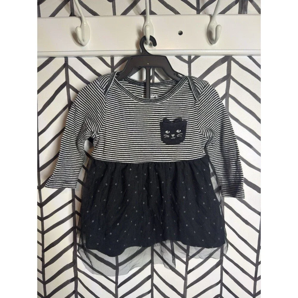 Carter’s Child Of Mine Black White Stripe Cat Silver Polka Dots Baby 0-3M  6028